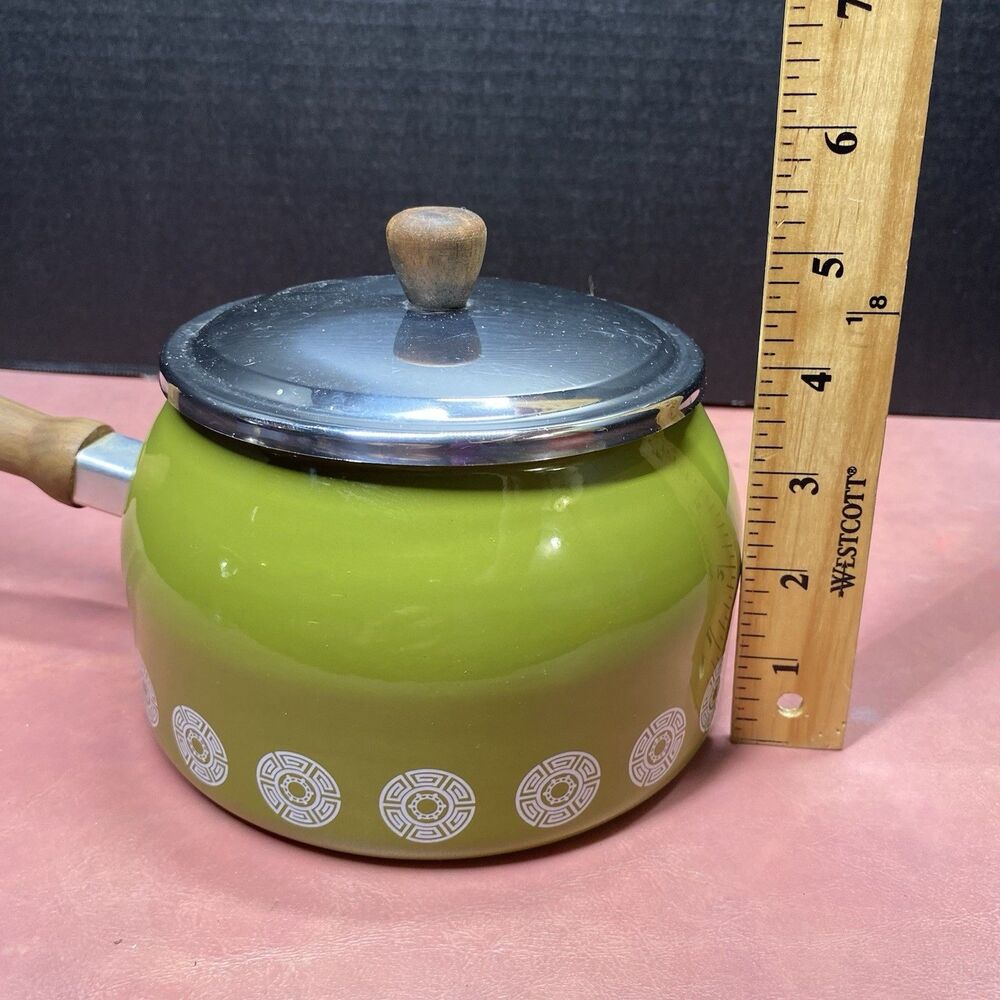 Vintage Mid Century Modern Enamel Saucepan Plate Fondue Pot Wood Handle Green - Picture 12 of 12